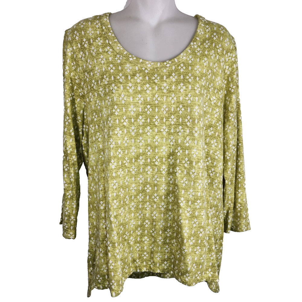 Chico's Women Cotton Slub Geo Scoop Neck 3/4 Sleeve Tee Lime Green Knit L Casual